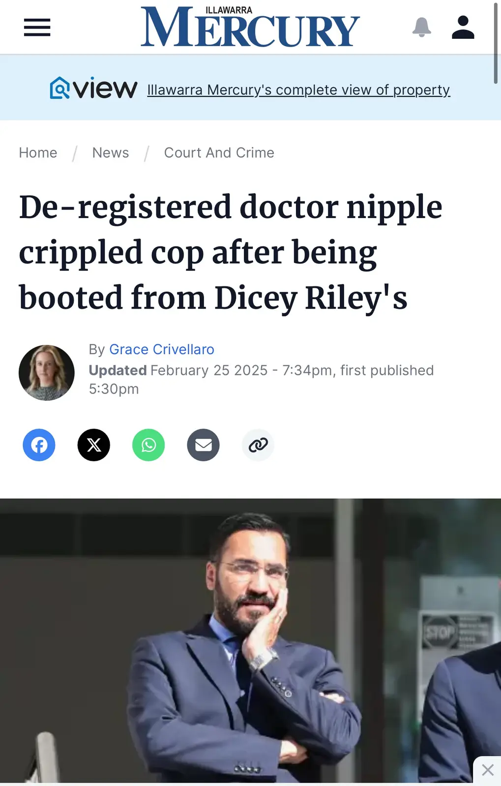 A screenshot of an Illawarra Mercury news article with a headline reading 'De-registered doctor nipple crippled cop after…