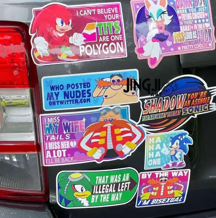 A collection of colorful, cartoon-themed car decals featuring characters from the Sonic the Hedgehog universe, including…