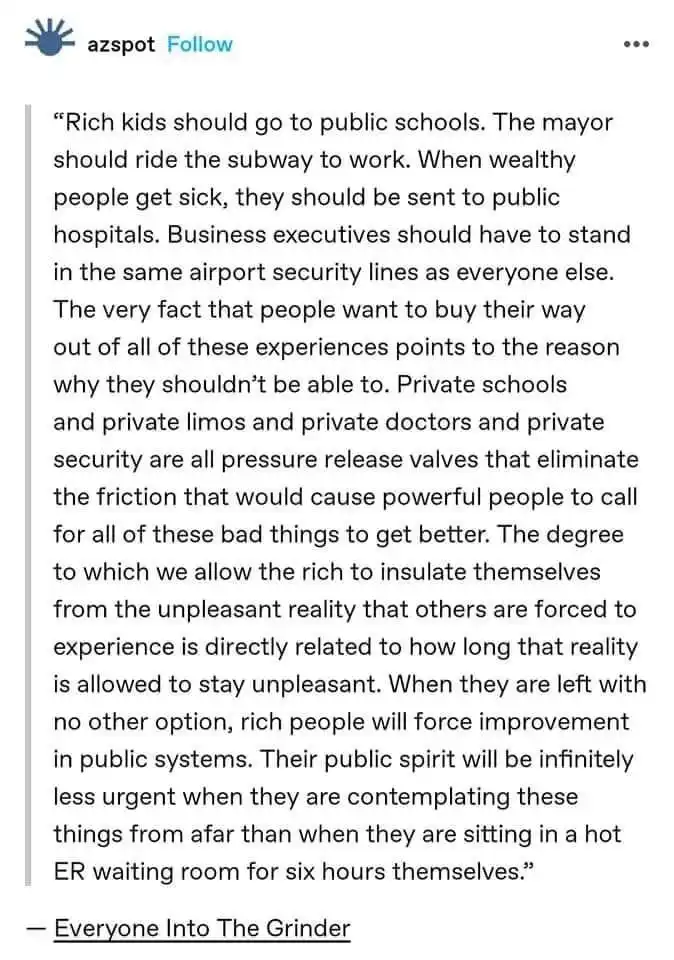 A screenshot of a social media post displaying a lengthy block of text attributed to 'Everyone Into The Grinder'. The text…