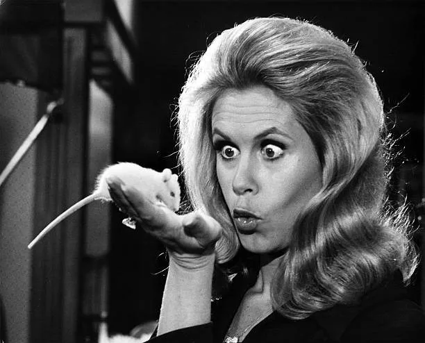 A black-and-white photo shows a woman with voluminous blonde hair and wide, shocked eyes, holding a small white mouse in her…