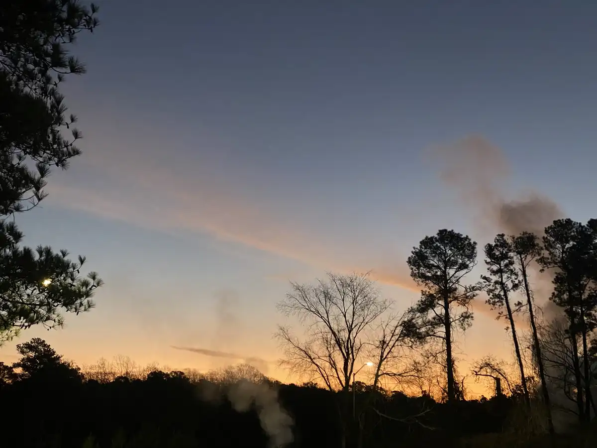 A serene twilight sky with orange and blue gradients, silhouetted pine and bare trees, and wisps of smoke rising from the…