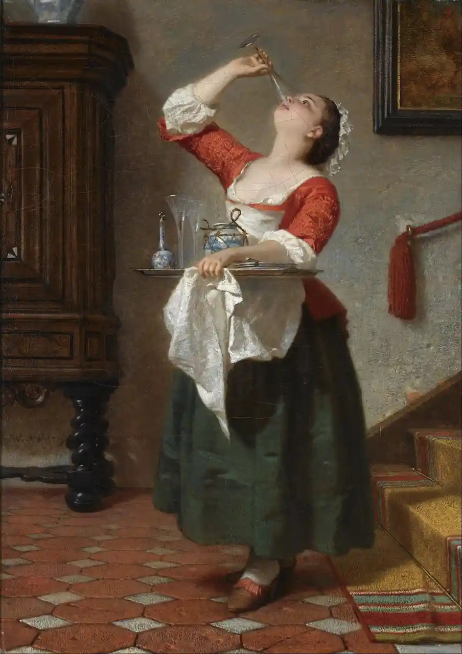 A classical painting depicts a woman in a red and green dress holding a tray with bottles and glasses, yet she is tilting…