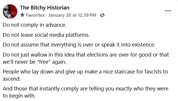 A screenshot of a social media post by 'The Bitchy Historian' dated January 20 at 12:39 PM, displaying a list of warnings…