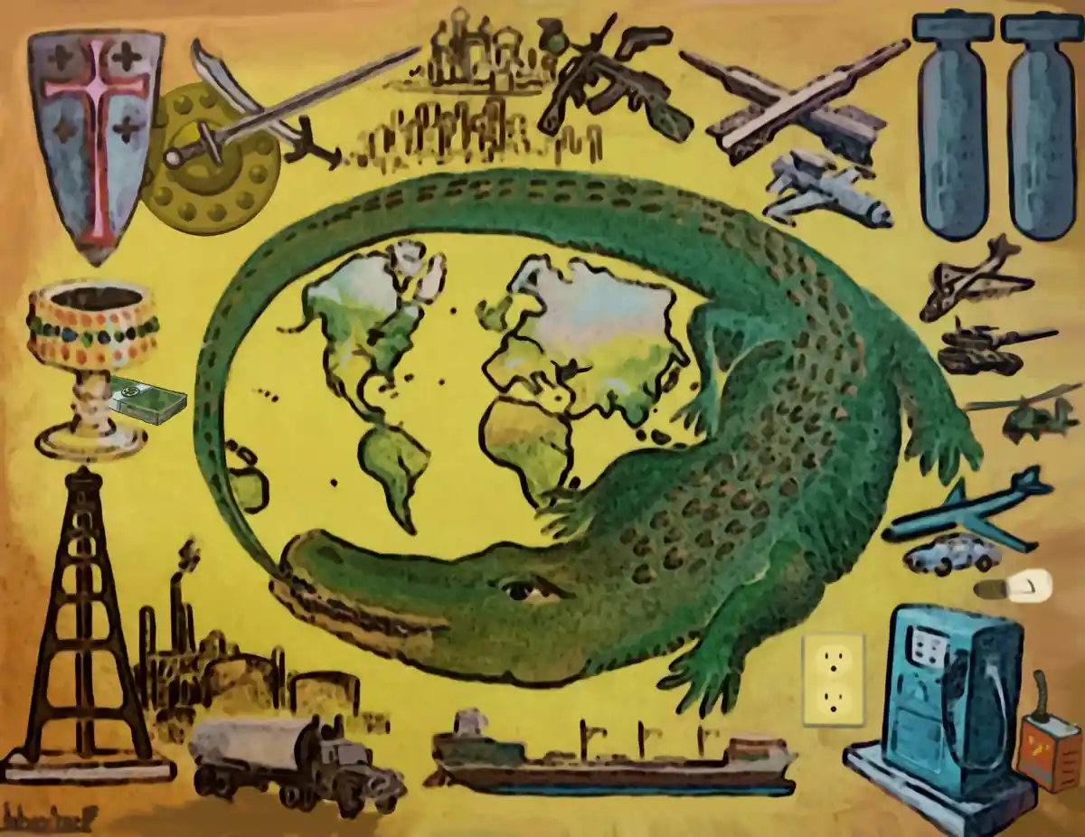 A cartoonish green alligator encircles a stylized world map, surrounded by various symbols of power and industry including…