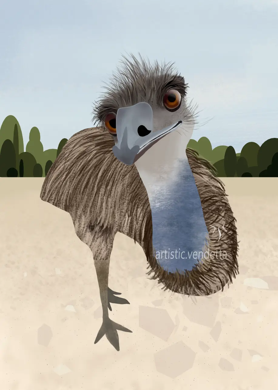 An illustration of an emu standing in a sandy field with green bushes in the background. The emu has a large, expressive eye…