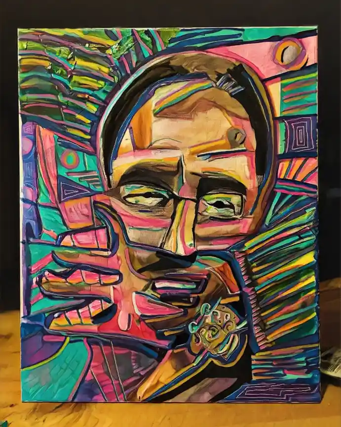 A colorful, abstract painting of a person's face with exaggerated features and vibrant, chaotic brushstrokes in pink, green…
