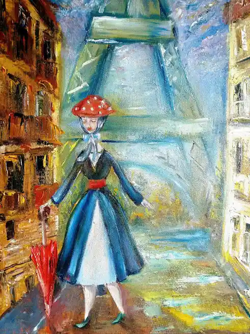 A painting depicts a woman in a blue dress and red polka-dot hat walking down a Parisian street, holding a red umbrella…