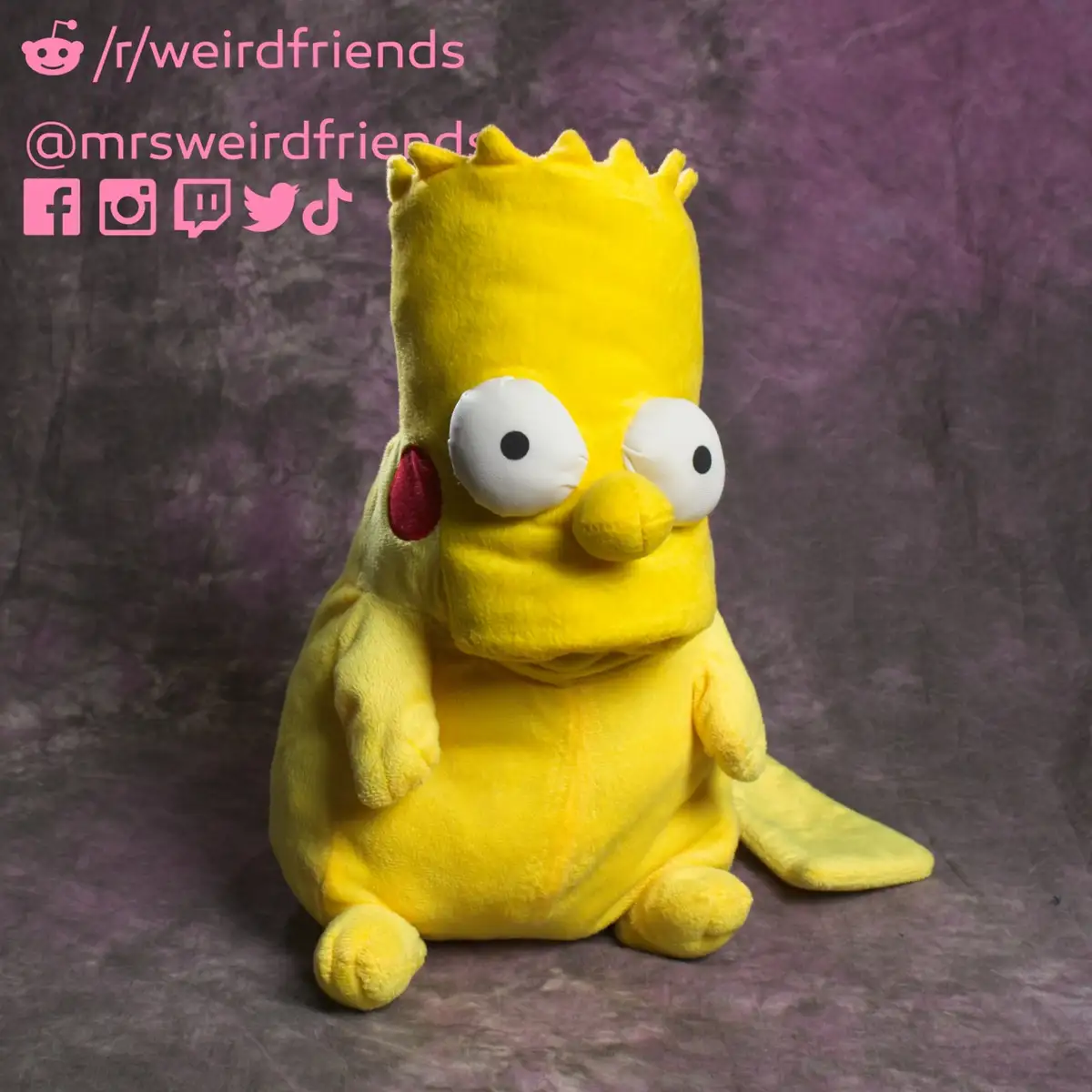 A yellow plush toy resembling Bart Simpson is sitting upright on a purple textured surface, but it has been modified to look…