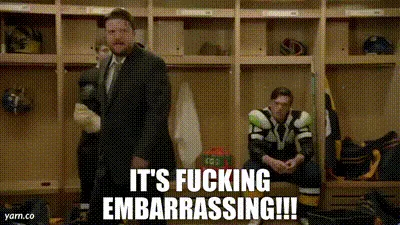 A split-screen image shows a man in a suit yelling "IT'S FUCKING EMBARRASSING!!!" in a hockey locker room while another man…
