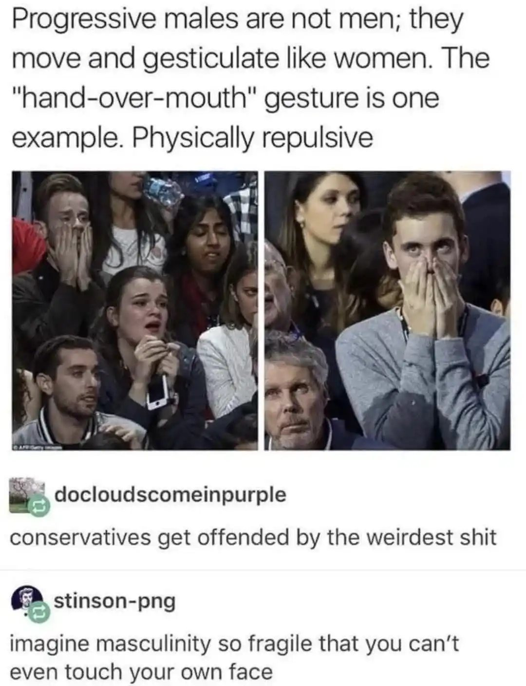 The image displays two side-by-side photos of men in crowds covering their mouths with their hands, a gesture often…