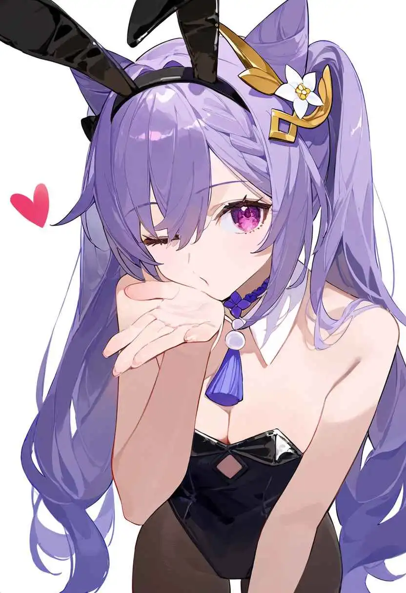 An anime-style illustration of a young woman with long purple hair, wearing black bunny ears and a black outfit with a blue…