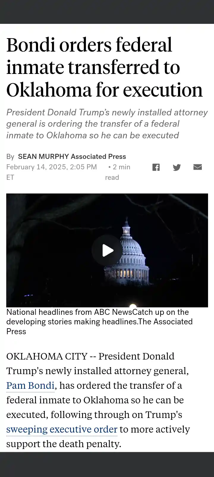 A screenshot of a fake news article from the Associated Press dated February 14, 2025, with a headline reading 'Bondi orders…
