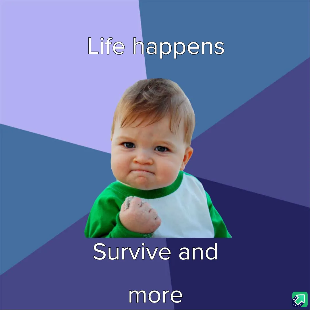 A baby with a scrunched face and clenched fist is centered against a geometric background of purple and blue. The text 'Life…