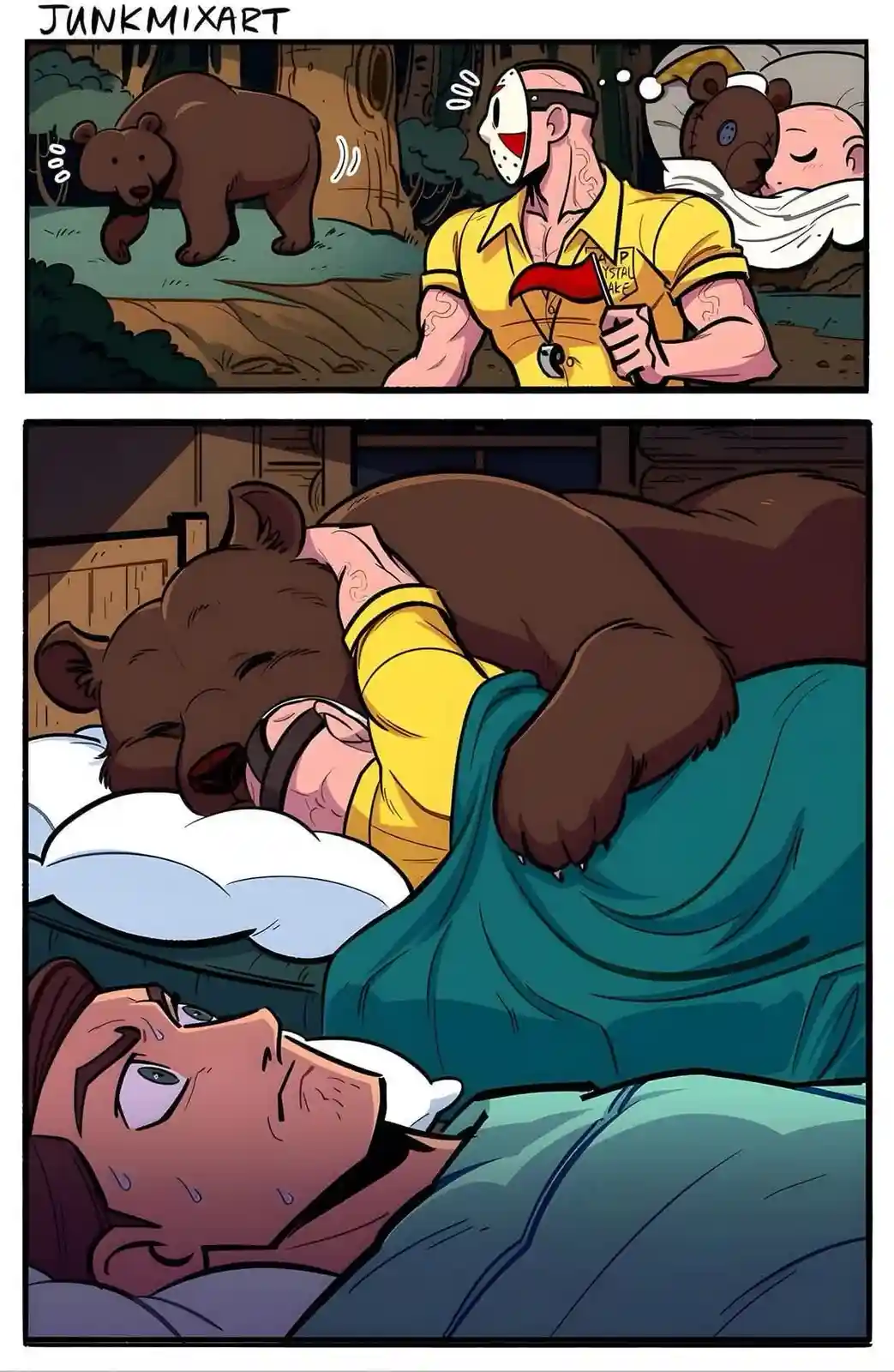 A two-panel comic shows a muscular man in a Jason Voorhees mask and yellow shirt holding a machete, startled by a bear…