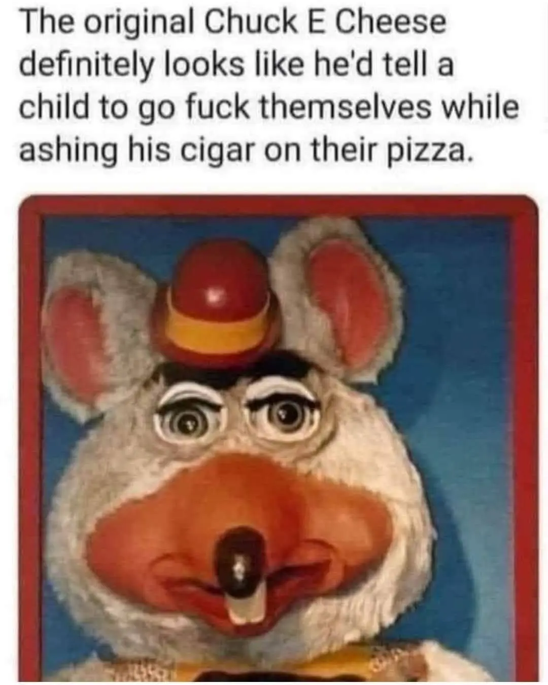 The image shows a close-up of the original Chuck E. Cheese mascot, a mouse puppet with a red and yellow hat, wide eyes, and…