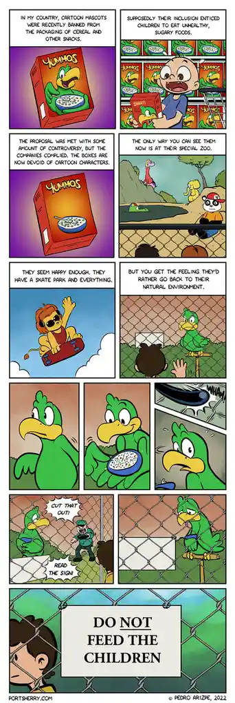 A comic strip shows a green cartoon bird mascot, originally on cereal boxes, now imprisoned in a zoo enclosure. The bird is…