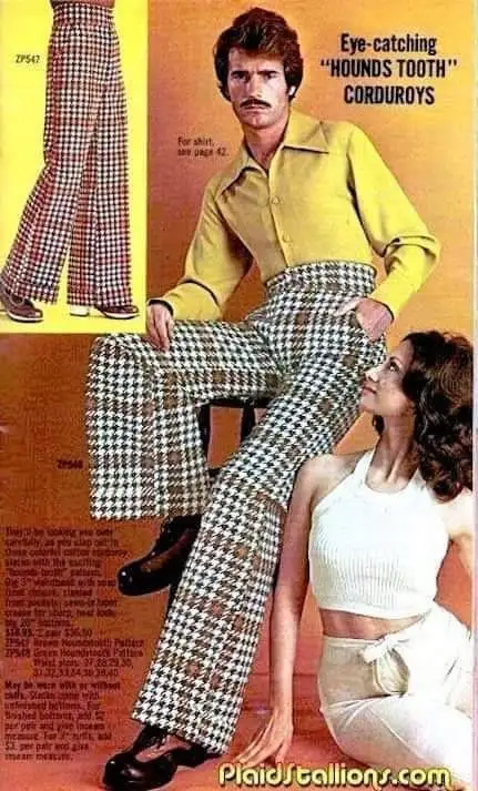 A vintage 1970s clothing advertisement featuring a man in a yellow shirt and wide-legged houndstooth corduroy pants, with a…