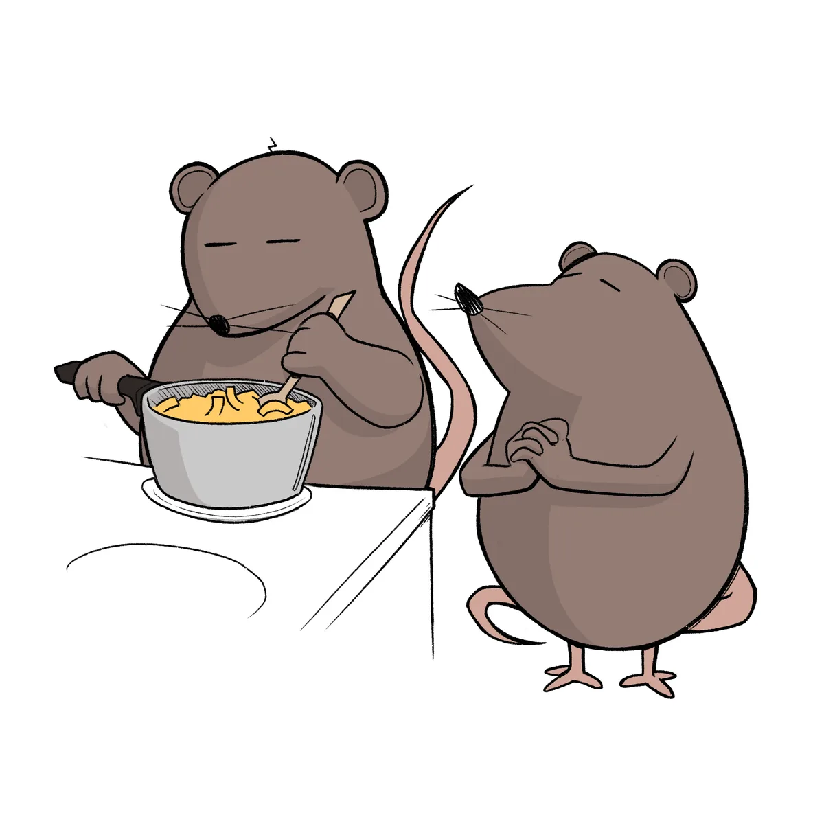 Two cartoon mice sit at a table; one happily eats noodles from a pot with a spoon while the other stands beside it, hands…