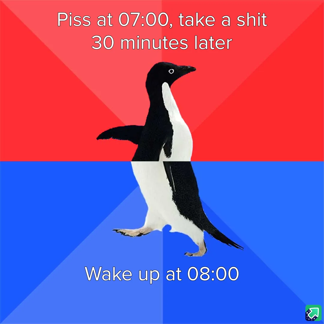 A penguin is split vertically down the middle, with the top half against a red background and the bottom half against a blue…