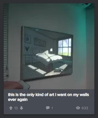 A person holds a framed picture of a bedroom scene, which is itself a painting of a bedroom. The overlaid text reads 'this…