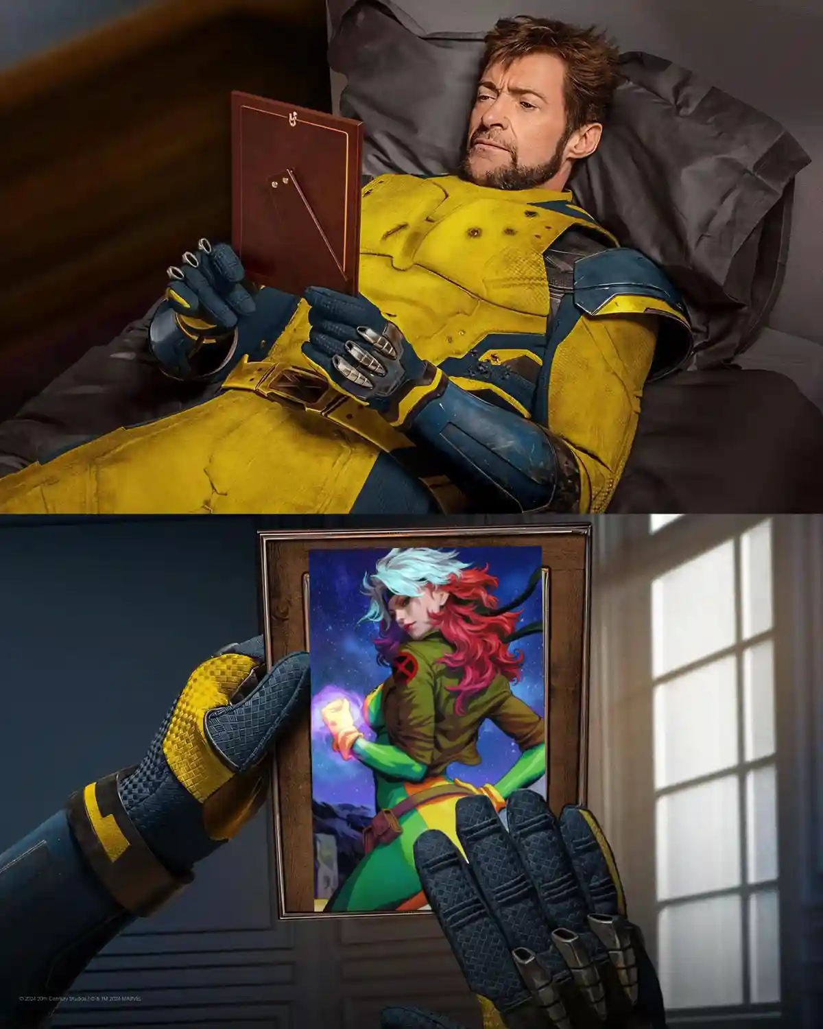 A man in a yellow and blue X-Men costume lies in bed holding a framed picture. The picture shows a comic-style illustration…