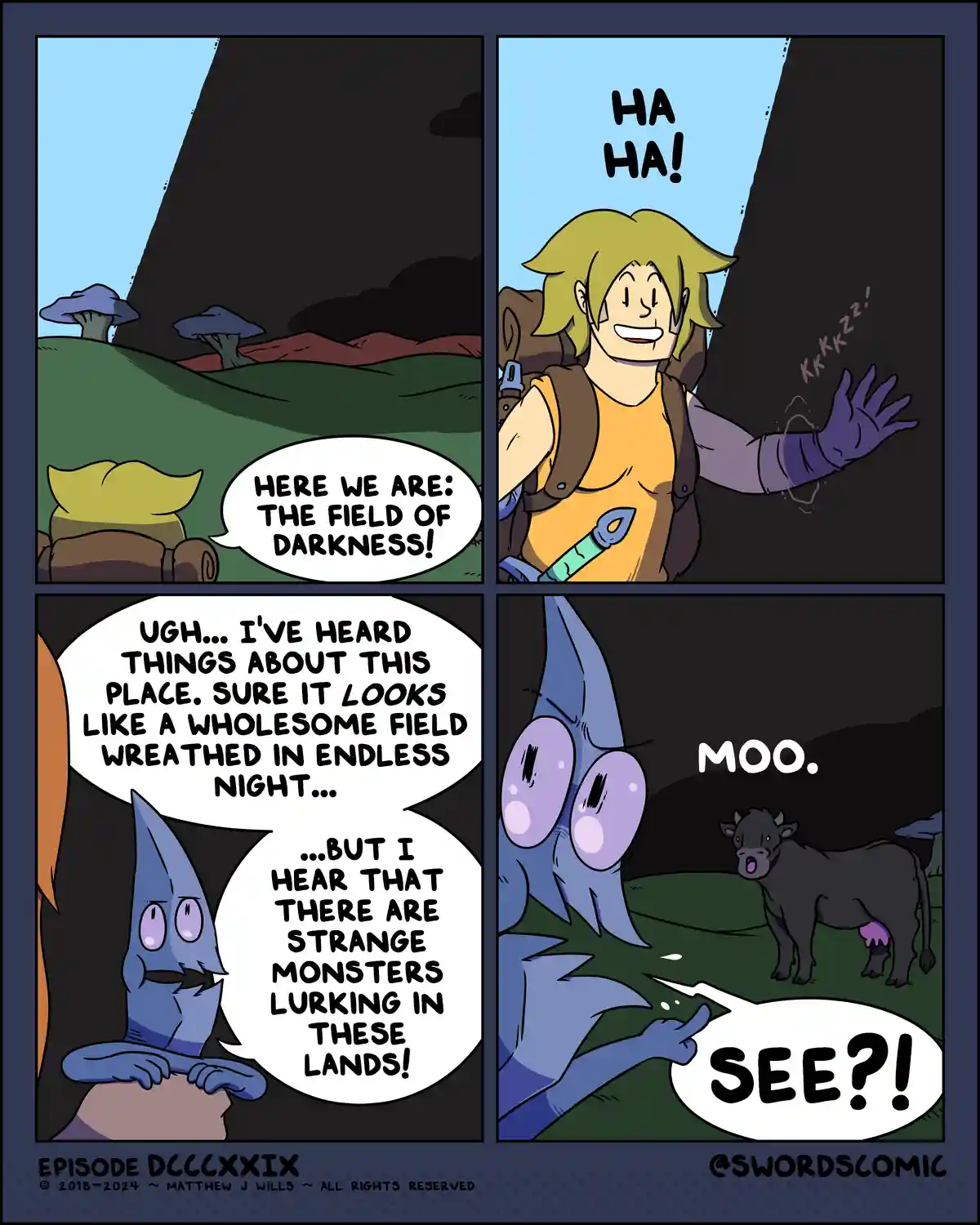 A four-panel comic strip shows a cheerful adventurer arriving at a dark, ominous field called 'The Field of Darkness,'…