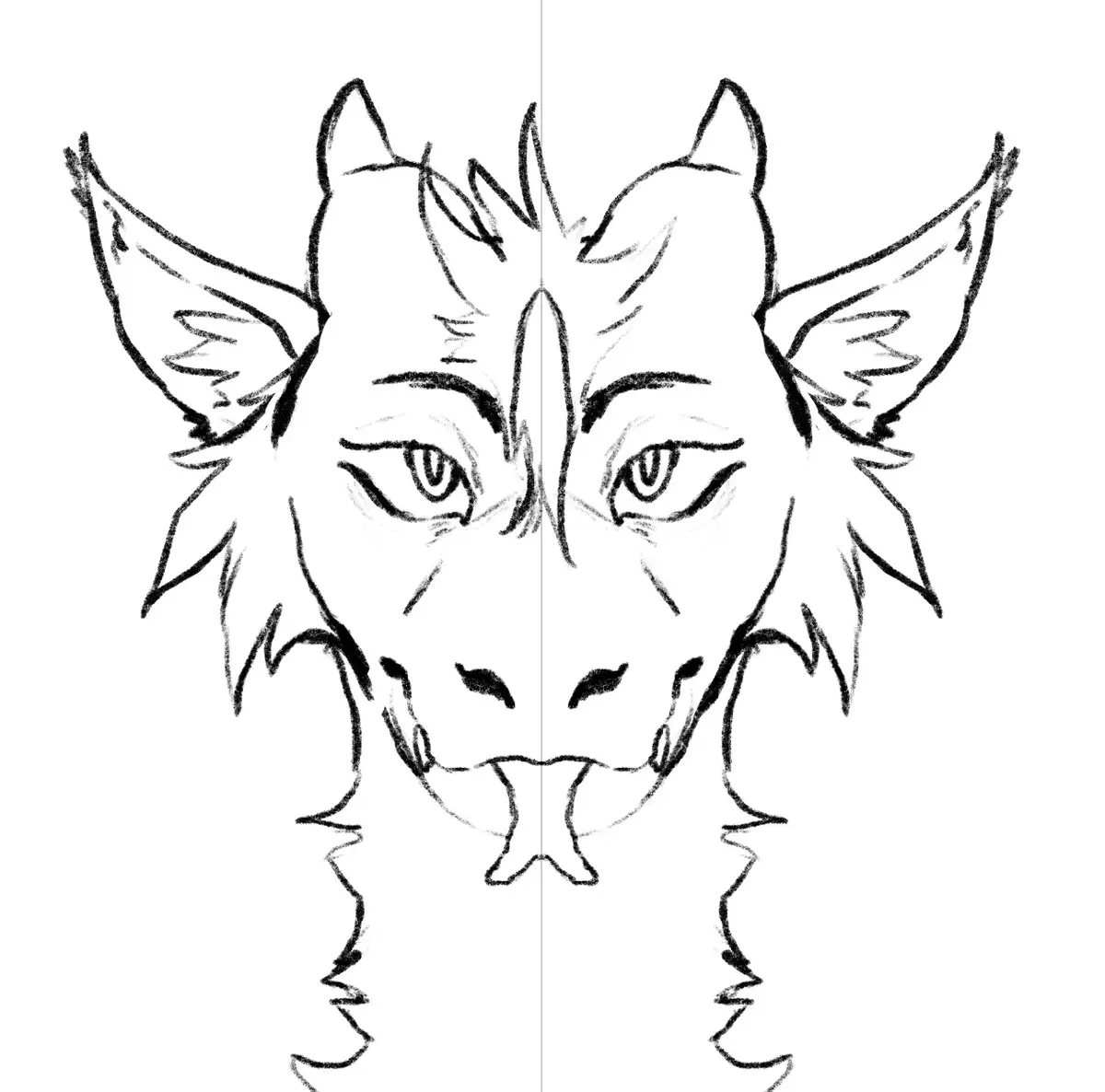 A black-and-white sketch of a wolf-like creature's head, split vertically down the middle. The left half shows a wolf with…