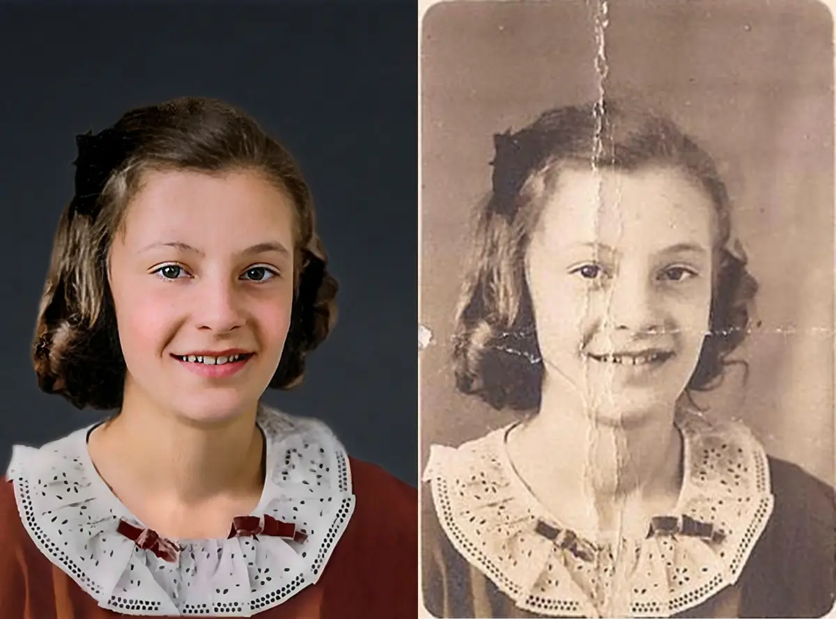 The image displays two side-by-side photos of the same young girl. The left photo is a clear, color portrait with a dark…