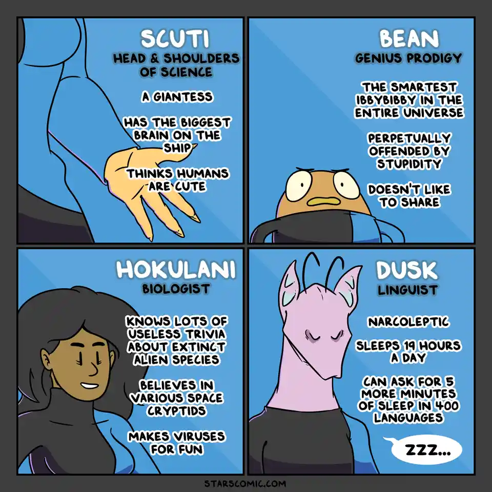 A four-panel comic strip introduces four alien characters with exaggerated, absurdly specific traits. Scuti is a giantess…