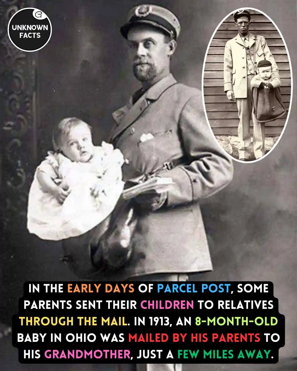 A vintage black-and-white photo shows a man in a uniform holding a baby. An inset photo shows a man holding a toddler. Text…