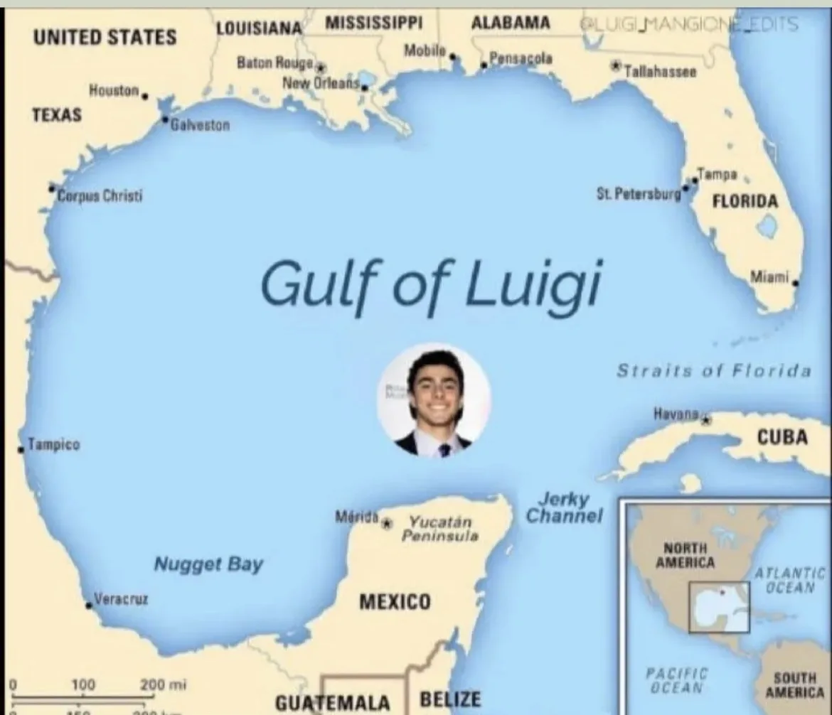 A map of the Gulf of Mexico with the central body of water labeled 'Gulf of Luigi' and a circular photo of a smiling young…