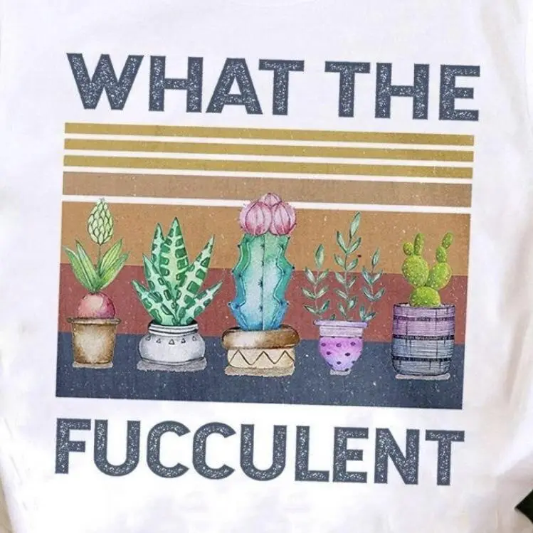 A white t-shirt graphic shows five illustrated potted succulents and cacti arranged in a row against a striped background…