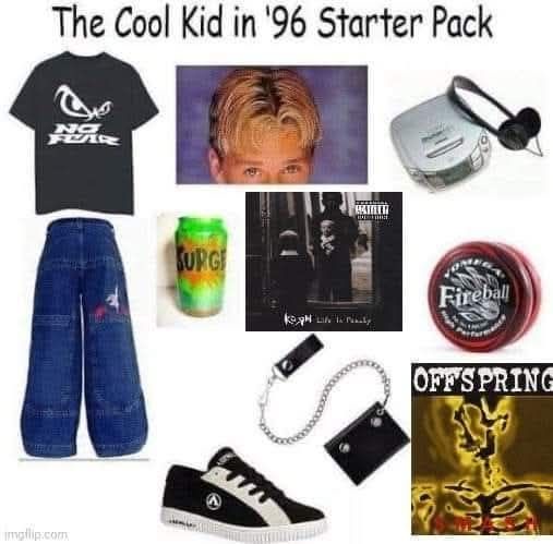 A collage of 1990s youth culture items including a black 'No Fear' t-shirt, bleached hair, a silver Walkman, baggy jeans, a…