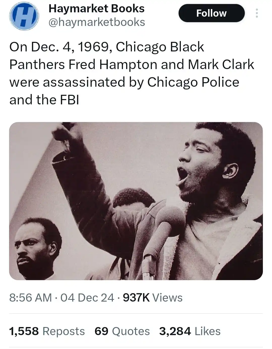 A black-and-white photo shows two Black men, one shouting into a microphone with his fist raised, the other looking on…