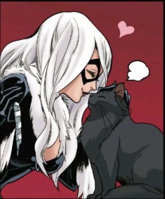 A comic-style illustration shows a woman with long white hair and a black mask leaning in to kiss a black cat on the…