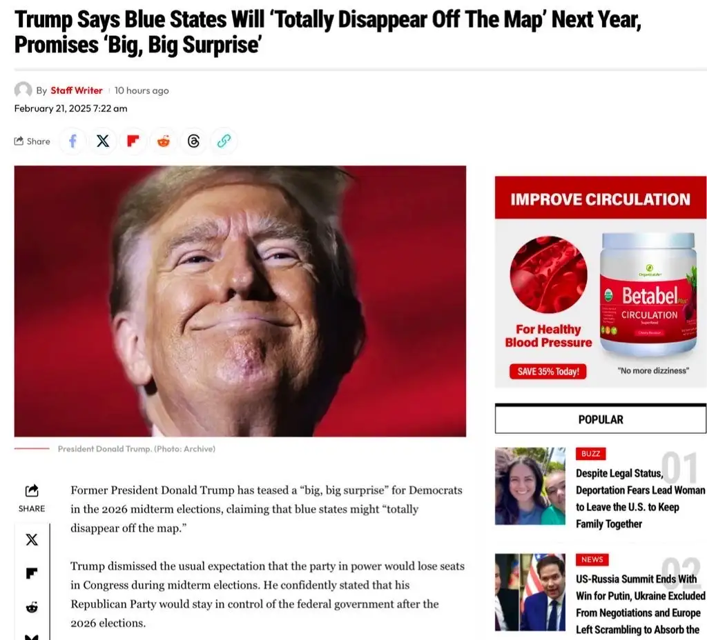 A screenshot of a fake news article from February 21, 2025, featuring a smiling Donald Trump photo with the headline 'Trump…