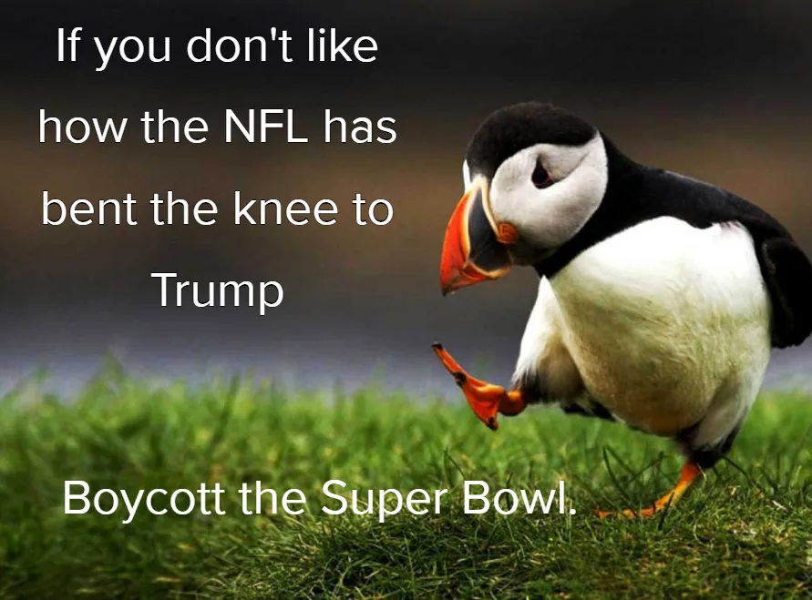 A penguin stands on grass, one foot lifted as if bowing, with white text overlaid that reads 'If you don't like how the NFL…