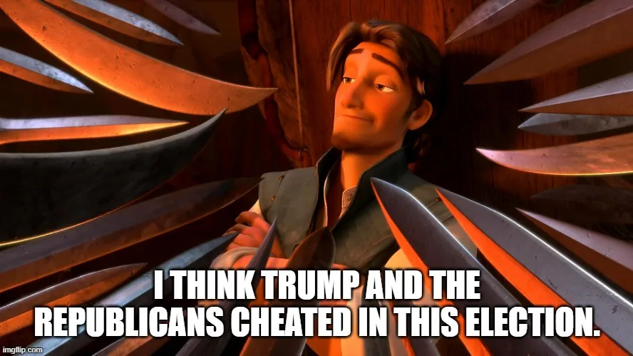 An animated character with a smug, self-satisfied expression stands surrounded by numerous knives pointing inward, with the…