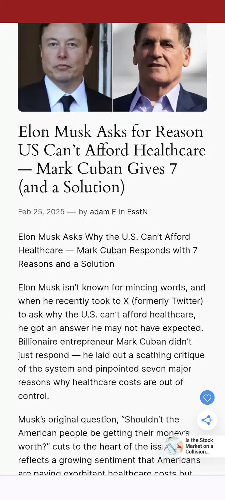 The image displays a screenshot of an article with side-by-side headshots of Elon Musk and Mark Cuban. The headline reads…