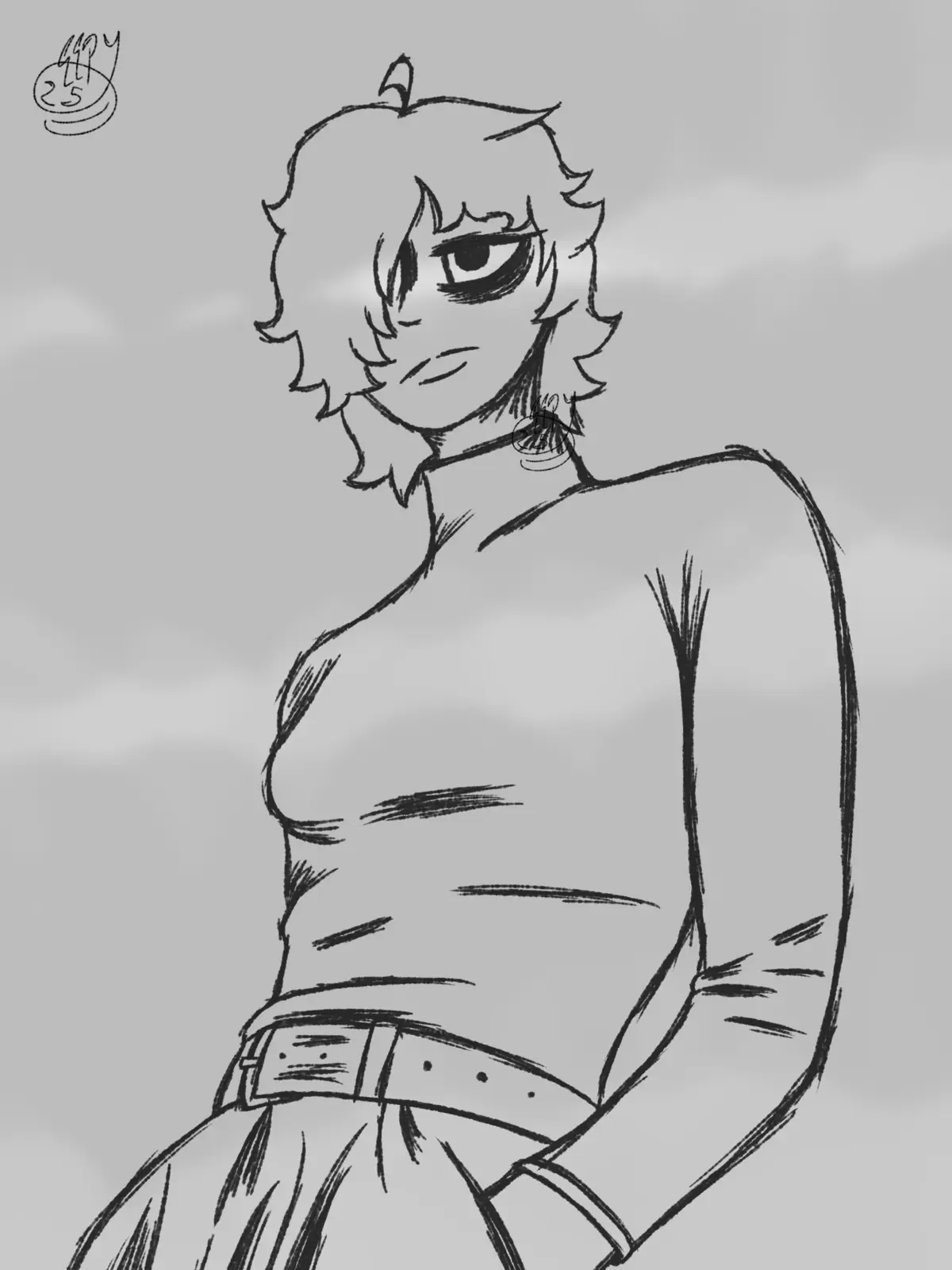 A black-and-white sketch of an anime-style character with messy hair, one visible eye, and a smirk, wearing a turtleneck and…