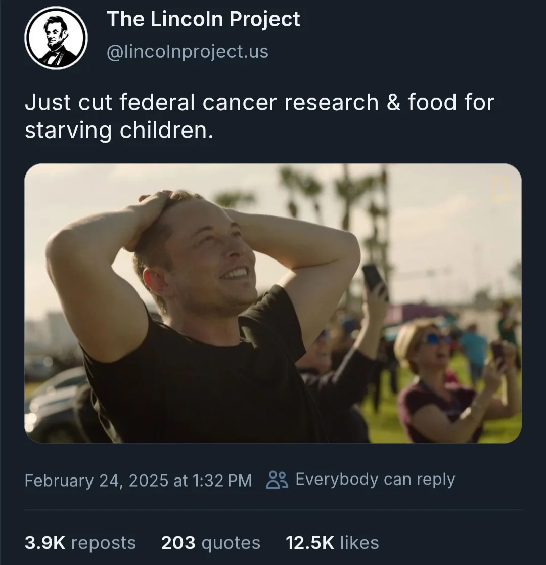 A screenshot of a tweet from 'The Lincoln Project' featuring a photo of Elon Musk with his hands on his head, smiling…