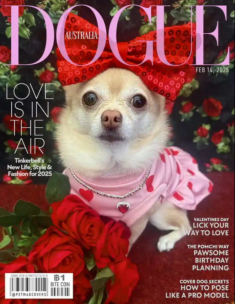 A small chihuahua, named Tinkerbell, is dressed in a pink heart-patterned outfit with a red sequined bow and a heart-shaped…