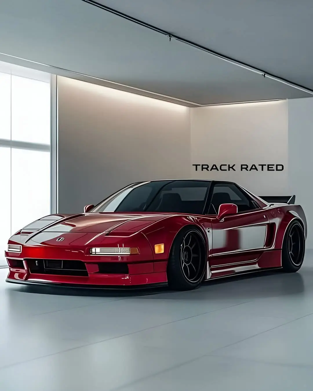 A glossy red Honda NSX sports car with black racing stripes and aftermarket wheels is displayed in a minimalist, brightly…