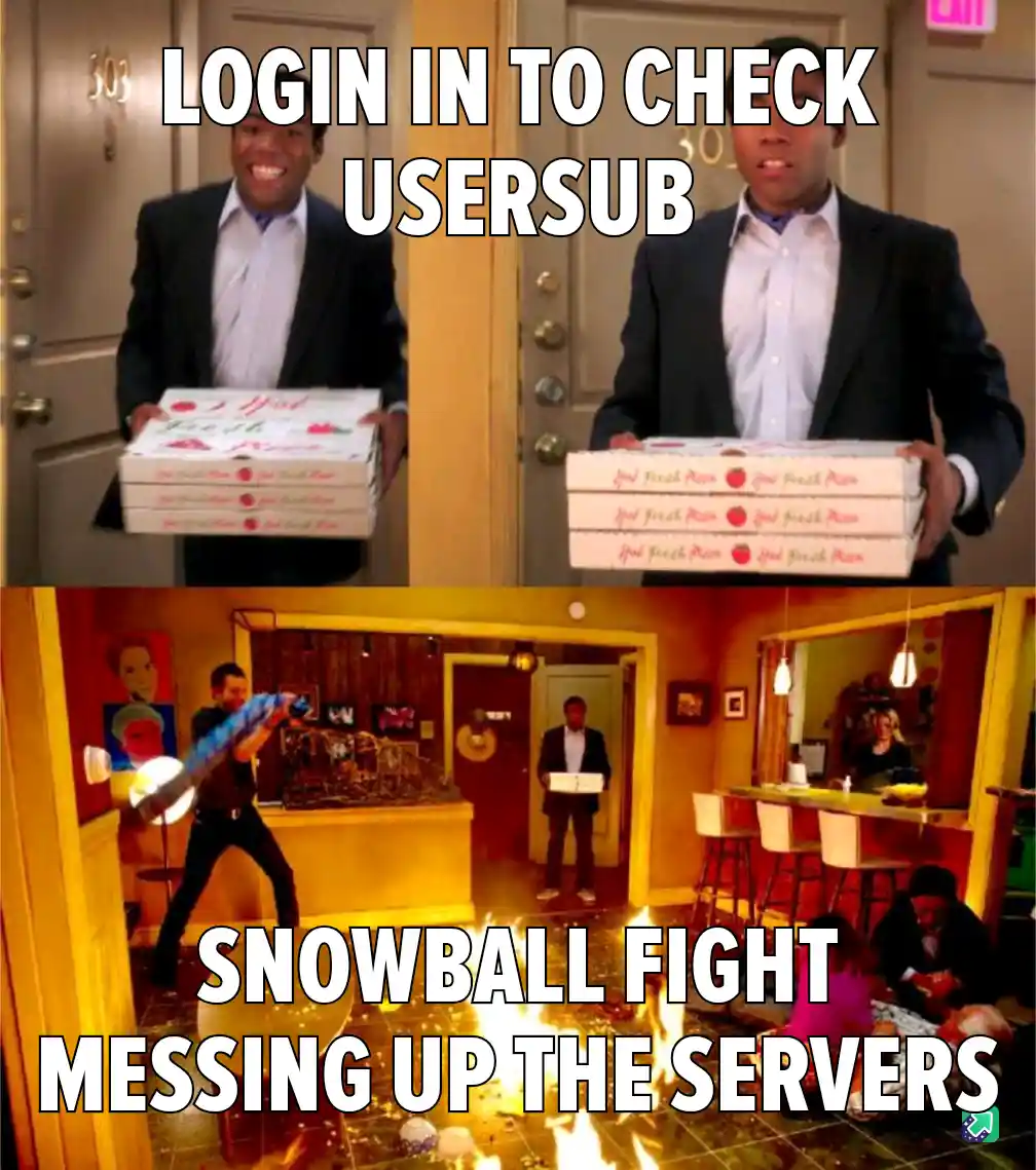 The top panel shows a man in a suit holding pizza boxes with the text 'LOGIN IN TO CHECK USERSUB'. The bottom panel shows a…