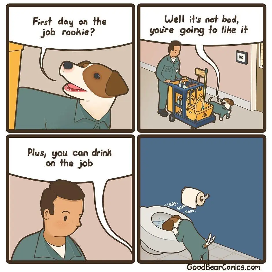 A four-panel comic strip featuring a dog in a uniform. In the first panel, a dog asks if it's its first day on the job. In…