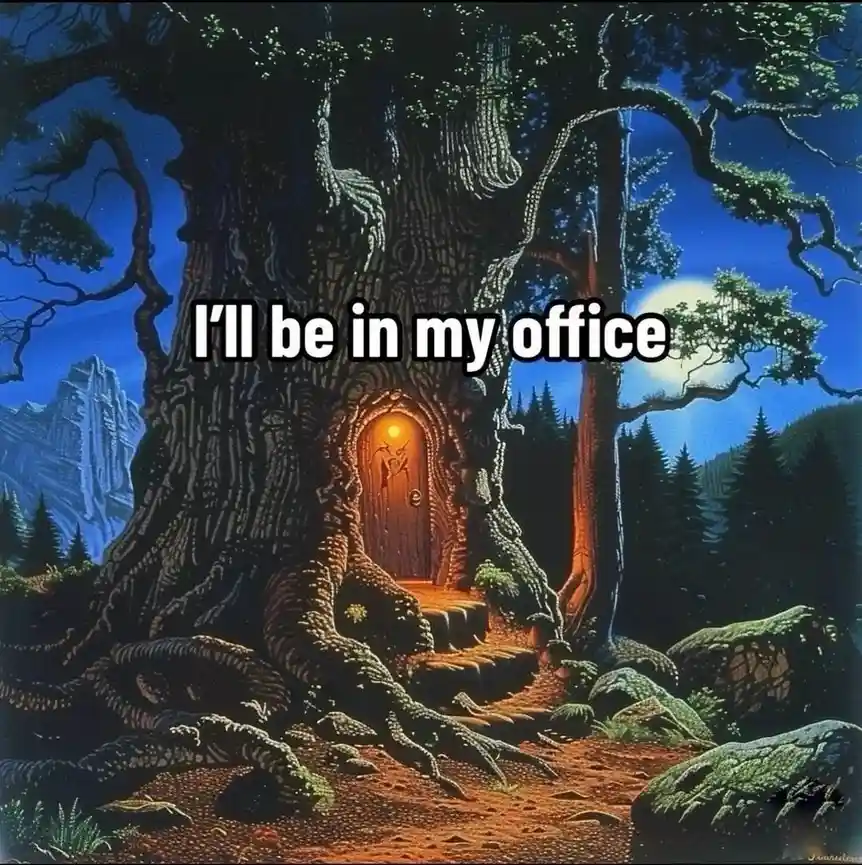 A fantasy painting depicts a massive, ancient tree with a glowing wooden door set into its trunk, illuminated from within…