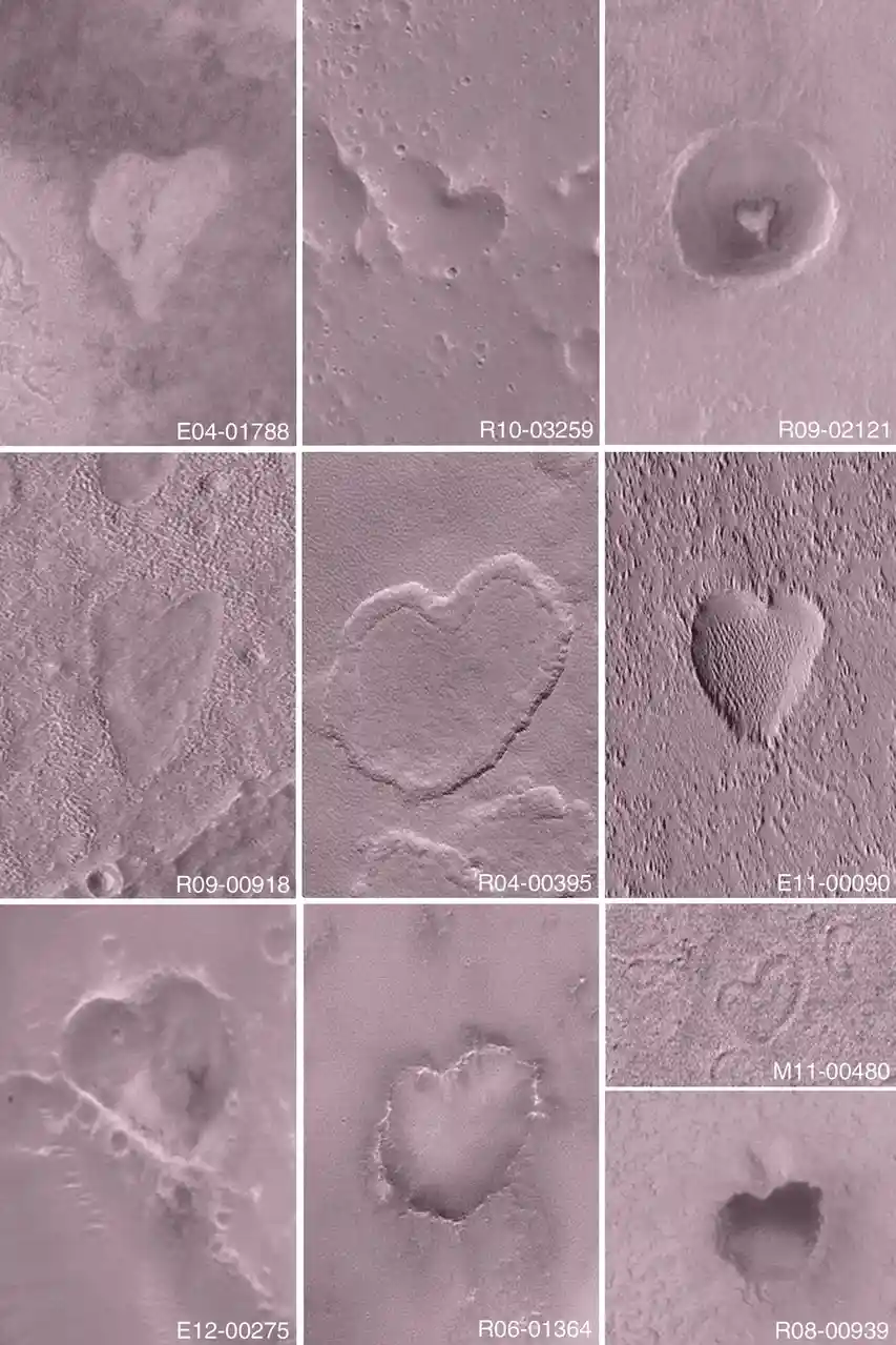A collage of nine images showing heart-shaped craters and formations on the surface of Mars, each labeled with a unique…