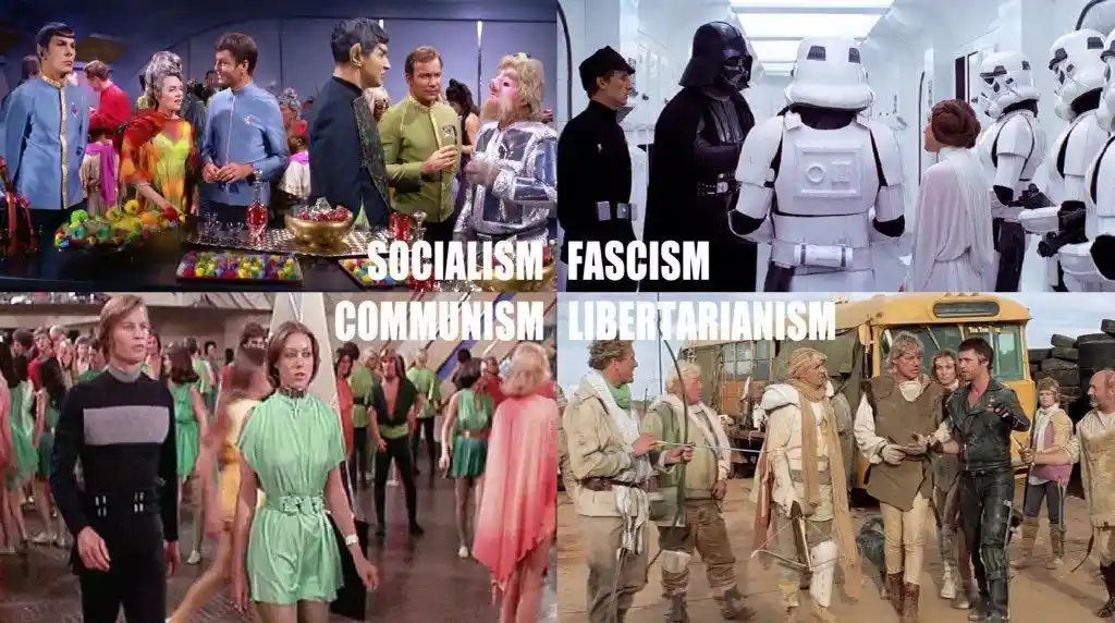 A four-panel meme collage using scenes from Star Trek, Star Wars, and Flash Gordon. Top-left: Star Trek characters at a…
