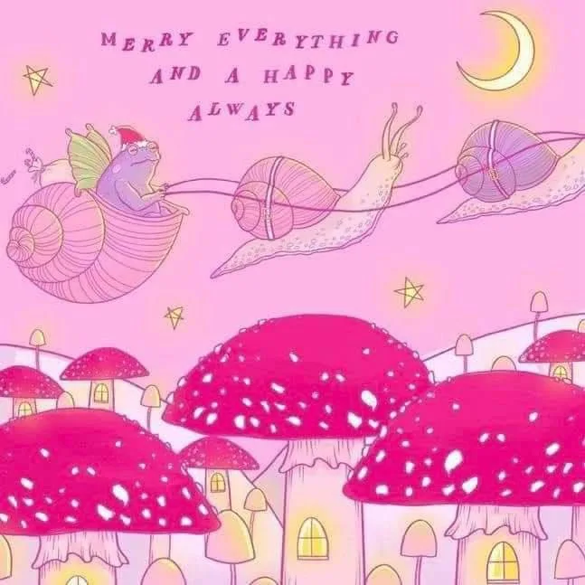 A whimsical pink illustration shows a frog wearing a Santa hat riding a snail shell, pulling two other snails across a sky…