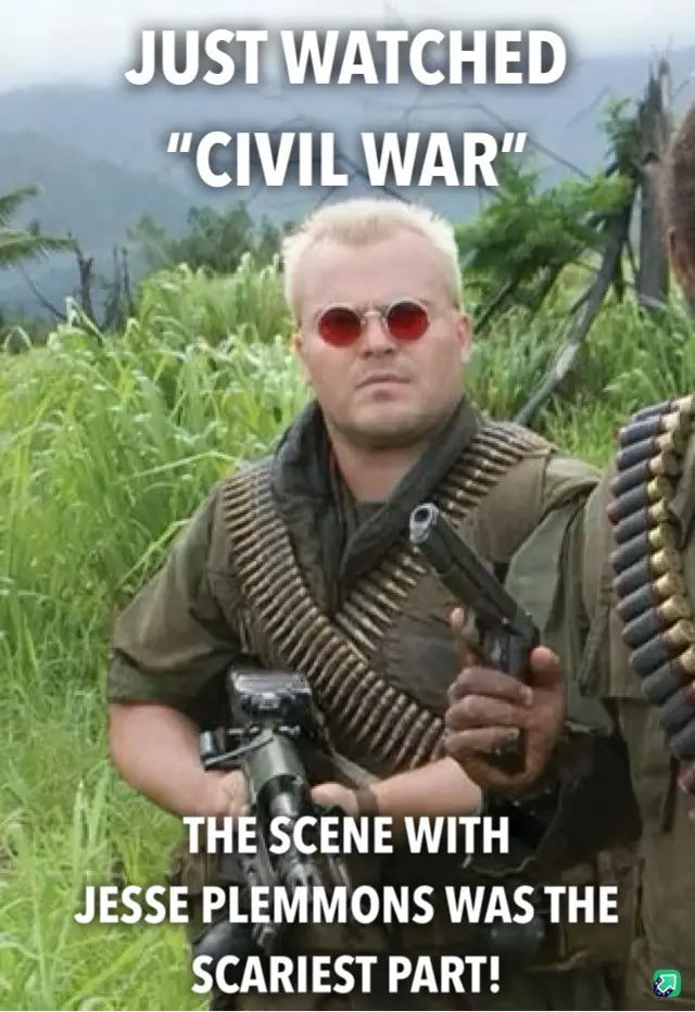 A man with bleached blonde hair and red-tinted sunglasses, wearing a military vest with ammo belts and holding a pistol…